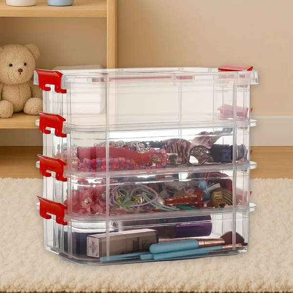 4-Layer_Clear_Plastic_Storage_Box_with_Red_Handle_and_Clasps