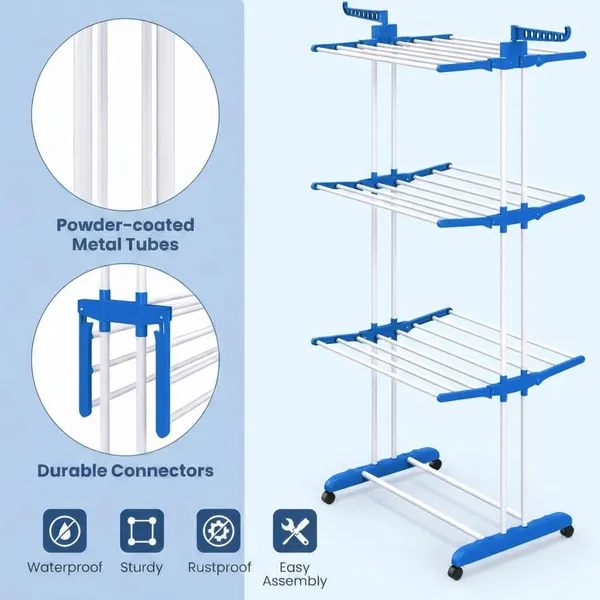 3-Tier_Foldable_Clothes_Drying_Rack_with_Wheels_and_Rotatable_Hangers_-_Blue_&_White