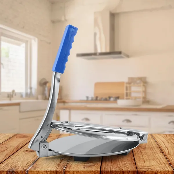 Stainless_Steel_Tortilla_Press_with_Blue_Handle_-_Manual_Roti_Maker