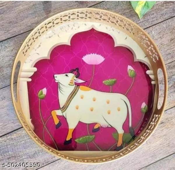 Pink_Metal_Cow_Design_Coffee_Tea_Serving_Tray_(Pack_Of_2)