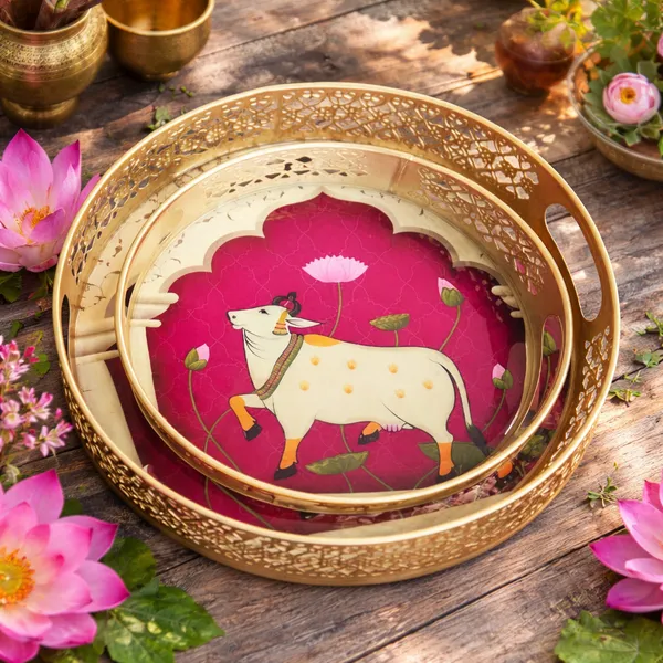 Everything_Exports_Decor_Round_Tray_Cow_Pichwai_Tray_|_Best_for_Home_Decor_Wedding_Gift,_Diwali_Gift_and_Multiuse_|_High_Glossy_Raisen_Work_Trays_Featuring_(Set_of_2)