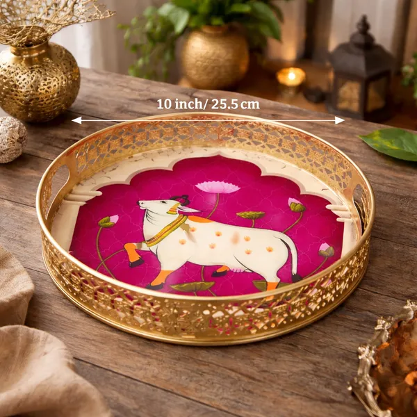 Everything_Exports_Decor_Round_Tray_Cow_Pichwai_Tray_|_Best_for_Home_Decor_Wedding_Gift,_Diwali_Gift_and_Multiuse_|_High_Glossy_Raisen_Work_Trays_Featuring_(Set_of_2)