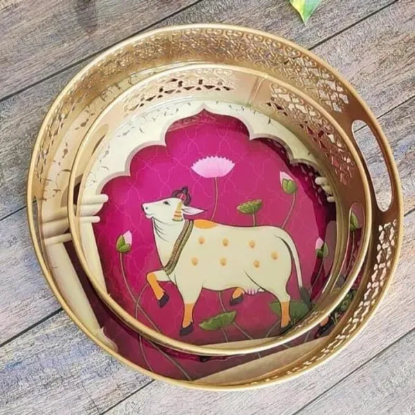 Everything_Exports_Decor_Round_Tray_Cow_Pichwai_Tray_|_Best_for_Home_Decor_Wedding_Gift,_Diwali_Gift_and_Multiuse_|_High_Glossy_Raisen_Work_Trays_Featuring_(Set_of_2)