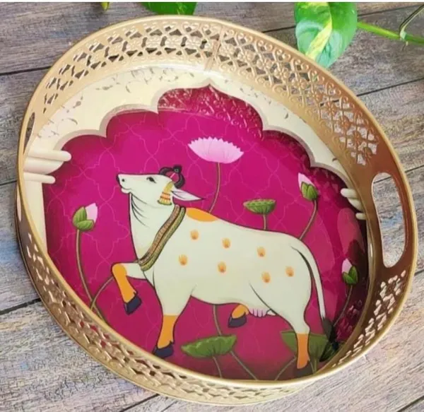 Everything_Exports_Decor_Round_Tray_Cow_Pichwai_Tray_|_Best_for_Home_Decor_Wedding_Gift,_Diwali_Gift_and_Multiuse_|_High_Glossy_Raisen_Work_Trays_Featuring_(Set_of_2)