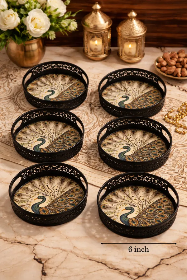 Serving_Tray,_6_inch,_Coffee_&_Tea_Serving_Tray,_Cake_Serving_Tray,_Peacock_Design_Tray_(Pack_of_6)