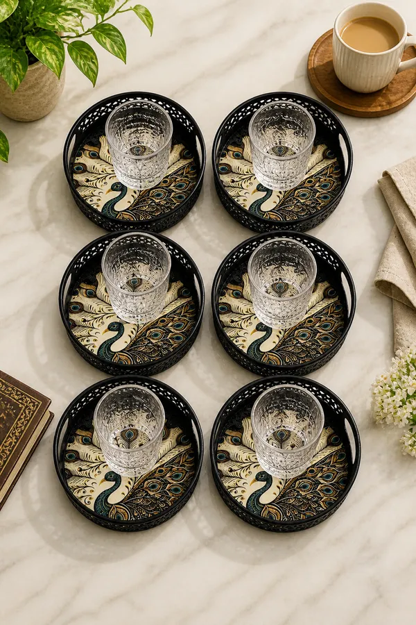 Serving_Tray,_6_inch,_Coffee_&_Tea_Serving_Tray,_Cake_Serving_Tray,_Peacock_Design_Tray_(Pack_of_6)