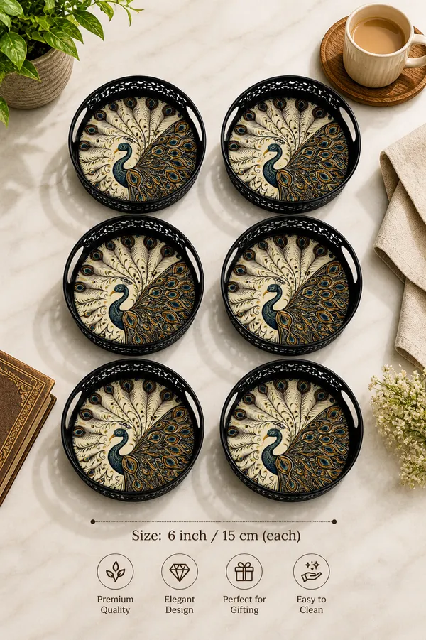 Serving_Tray,_6_inch,_Coffee_&_Tea_Serving_Tray,_Cake_Serving_Tray,_Peacock_Design_Tray_(Pack_of_6)
