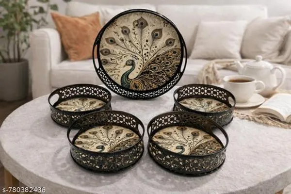 Multicolor_Metal_Peacock_Design_Coffee_Tea_Serving_Tray_(Pack_Of_5)