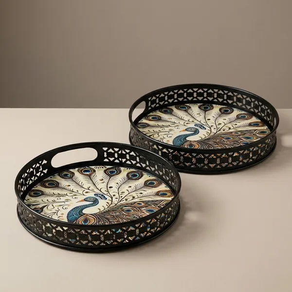Multicolor_Metal_Peacock_Design_Coffee_Tea_Serving_Tray_(Pack_Of_2)