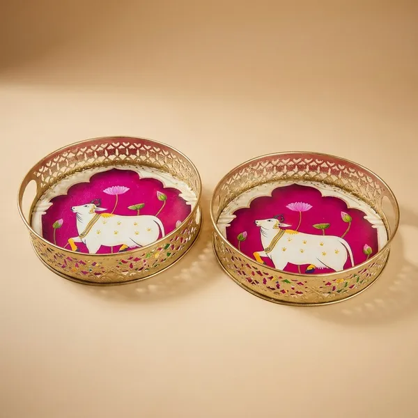 Multicolor_Metal_Cow_Design_Coffee_Tea_Serving_Tray_(Pack_Of_2)