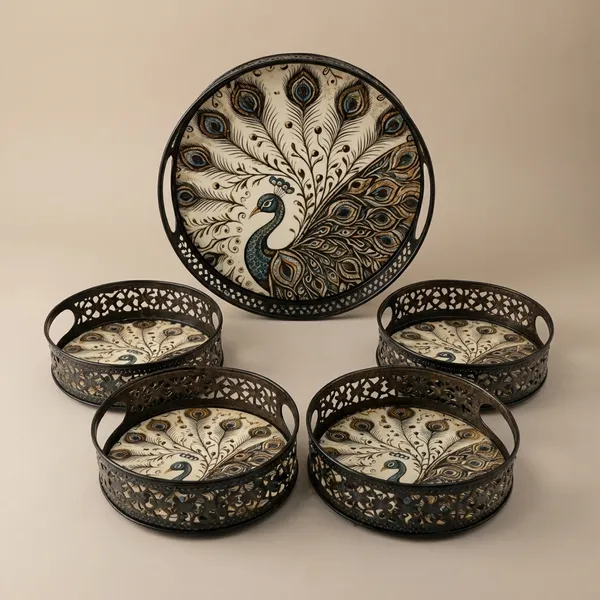 Multicolor_Metal_Peacock_Design_Coffee_Tea_Serving_Tray_(Pack_Of_5)