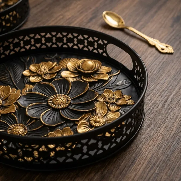 Black_And_Gold_Metal_Flower_Design_Coffee_Tea_Serving_Tray_(Pack_Of_5)