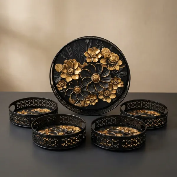 Black_And_Gold_Metal_Flower_Design_Coffee_Tea_Serving_Tray_(Pack_Of_5)