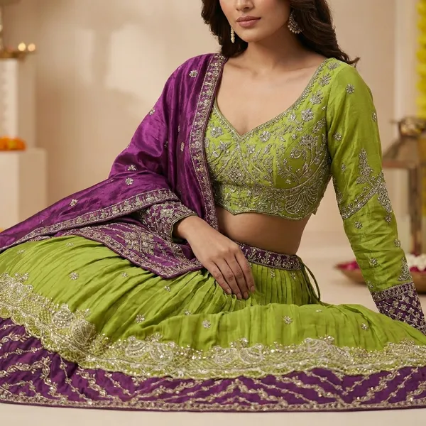 Parrot_Green_And_Purple_Roman_Silk_Embroidered_Stitched_Lehenga_Choli_Set_For_Women