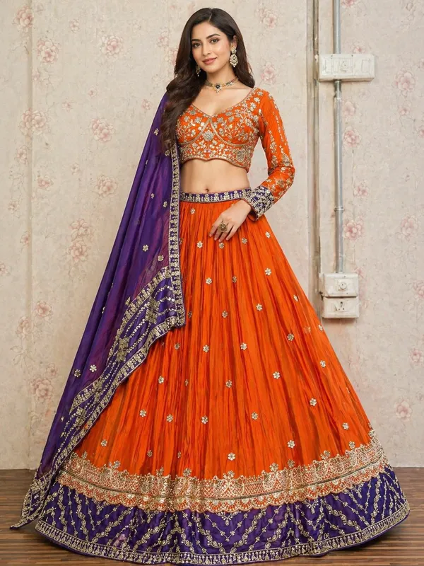 Orange_And_Purple_Roman_Silk_Embroidered_Stitched_Lehenga_Choli_Set_For_Women