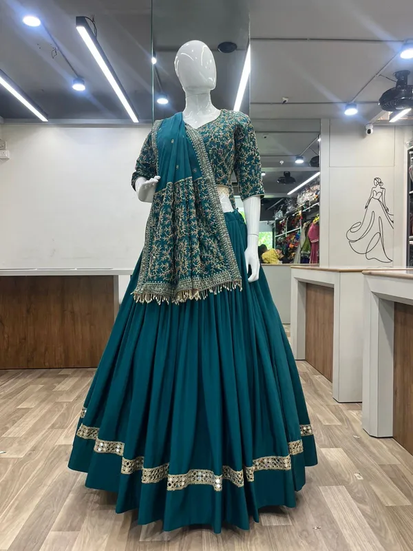 Teal_Blue_Roman_Silk_Embroidered_Stitched_Lehenga_Choli_Set_For_Women