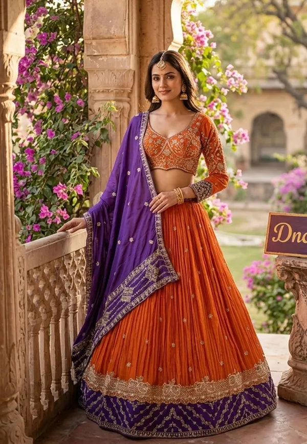 Orange_And_Purple_Roman_Silk_Embroidered_Stitched_Lehenga_Choli_Set_For_Women