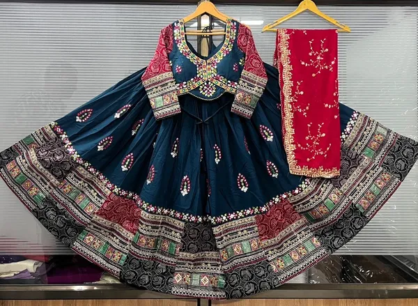 Teal_Blue_And_Red_Roman_Silk_Embroidered_Stitched_Lehenga_Choli_Set_For_Women