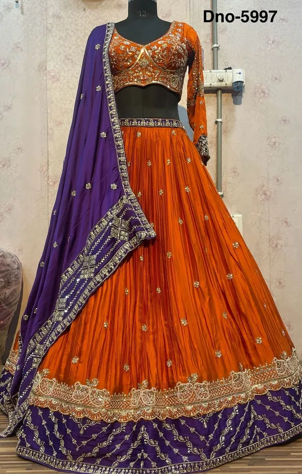 Orange_And_Purple_Roman_Silk_Embroidered_Stitched_Lehenga_Choli_Set_For_Women