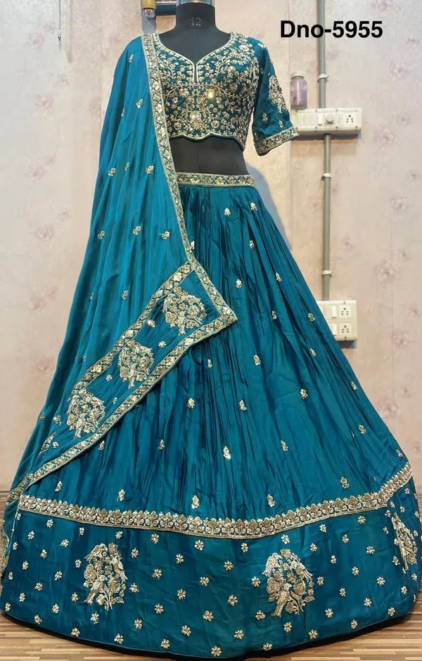 Teal_Blue_Gajji_Silk_Embroidered_Stitched_Lehenga_Choli_Set_For_Women