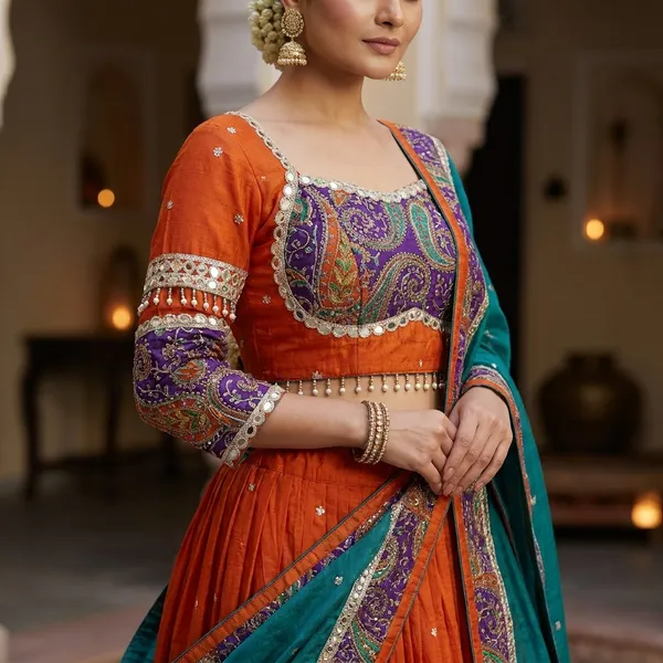 Orange_Roman_Silk_Embroidered_Stitched_Lehenga_Choli_Set_For_Women