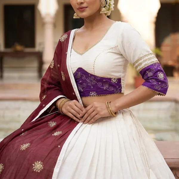White_And_Purple_Pure_Woven_Silk_Embroidered_Stitched_Lehenga_Choli_Set_For_Women