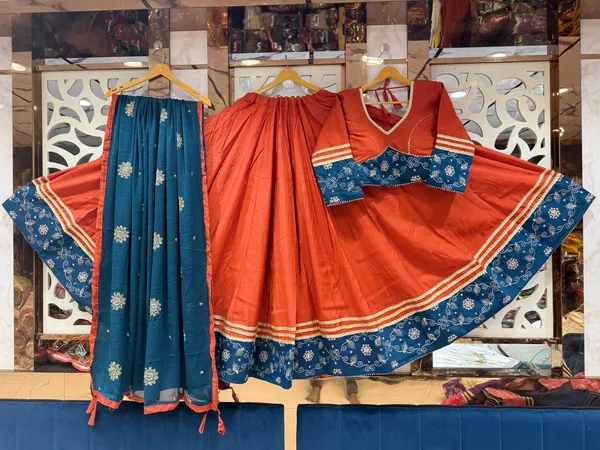 Orange_And_Blue_Pure_Woven_Silk_Embroidered_Stitched_Chaniya_Choli_Set_For_Women