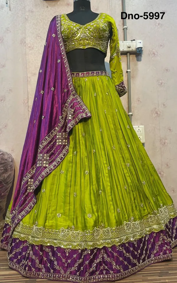 Parrot_Green_And_Purple_Roman_Silk_Embroidered_Stitched_Lehenga_Choli_Set_For_Women