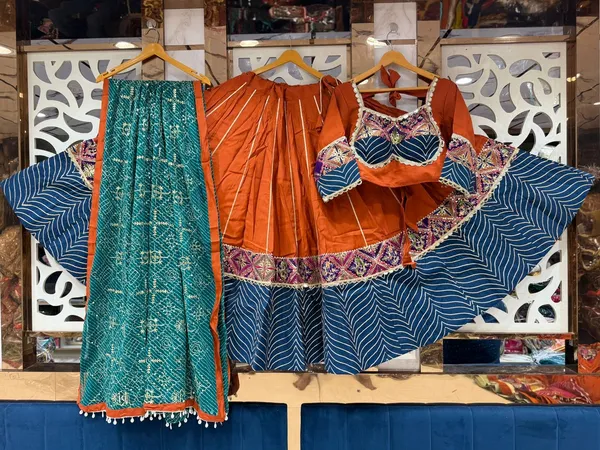 Orange_And_Blue_Pure_Woven_Silk_Embroidered_Stitched_Lehenga_Choli_Set_For_Women