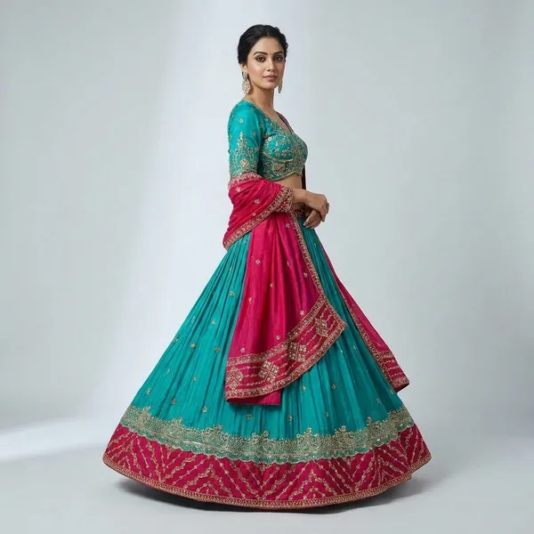 Turquoise_And_Pink_Roman_Silk_Embroidered_Stitched_Lehenga_Choli_Set_For_Women