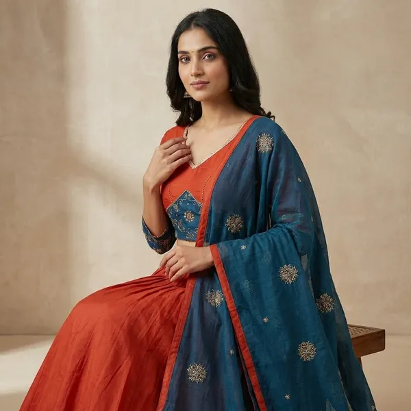Orange_And_Blue_Pure_Woven_Silk_Embroidered_Stitched_Chaniya_Choli_Set_For_Women
