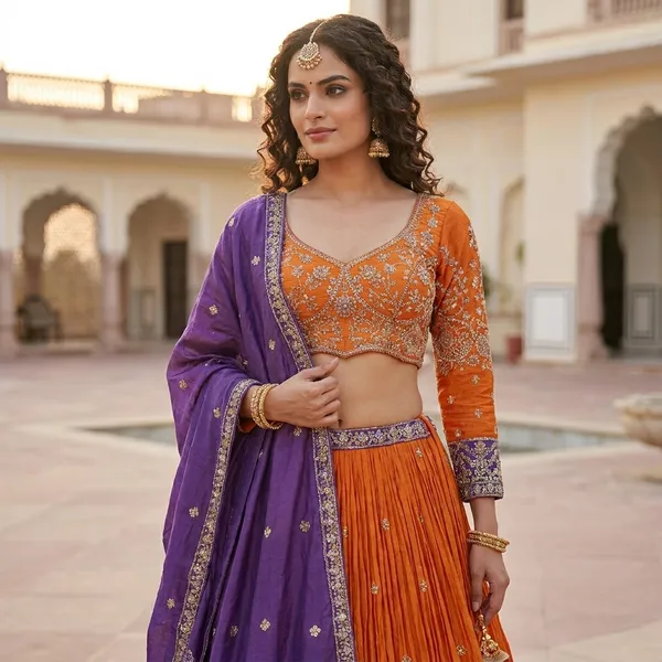 Orange_And_Purple_Roman_Silk_Embroidered_Stitched_Lehenga_Choli_Set_For_Women