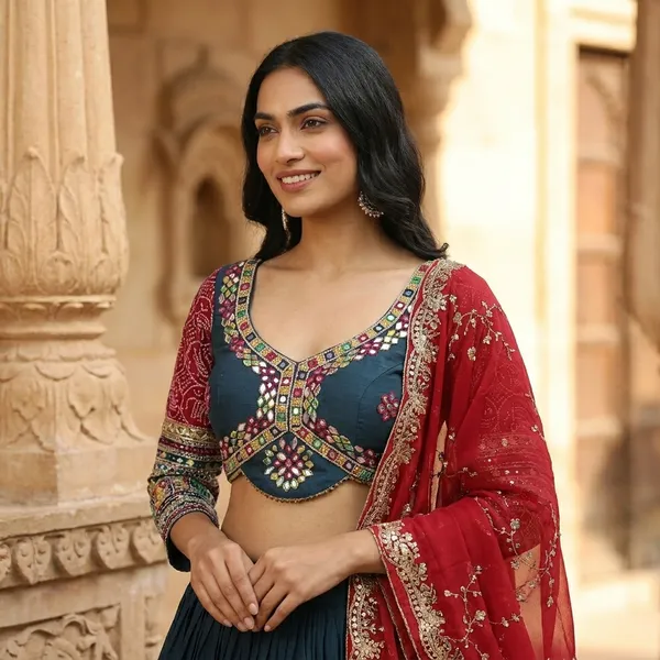 Teal_Blue_And_Red_Roman_Silk_Embroidered_Stitched_Lehenga_Choli_Set_For_Women
