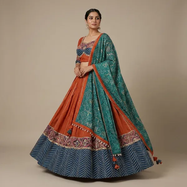 Orange_And_Blue_Pure_Woven_Silk_Embroidered_Stitched_Lehenga_Choli_Set_For_Women