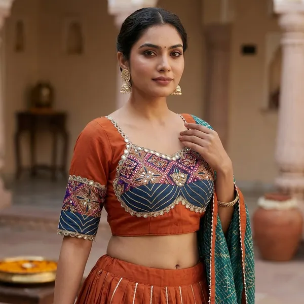 Orange_And_Blue_Pure_Woven_Silk_Embroidered_Stitched_Lehenga_Choli_Set_For_Women