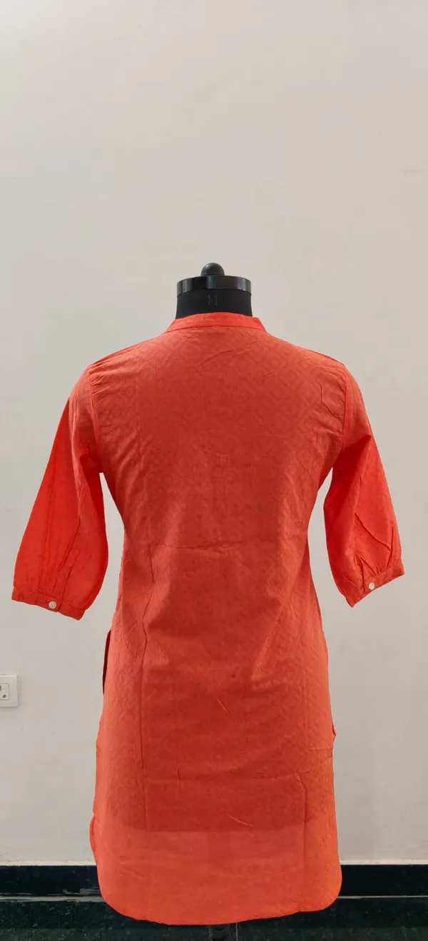 Coral_Orange_Pure_Cotton_Self_Weave_Dobby_Fabric_Premium_Tunic_Top_For_Women