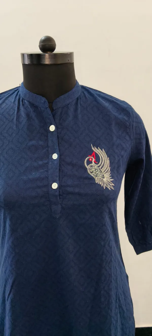Navy_Blue_Pure_Cotton_Self_Weave_Dobby_Fabric_Premium_Tunic_Top_For_Women