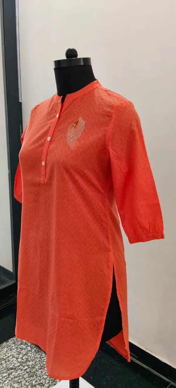 Coral_Orange_Pure_Cotton_Self_Weave_Dobby_Fabric_Premium_Tunic_Top_For_Women
