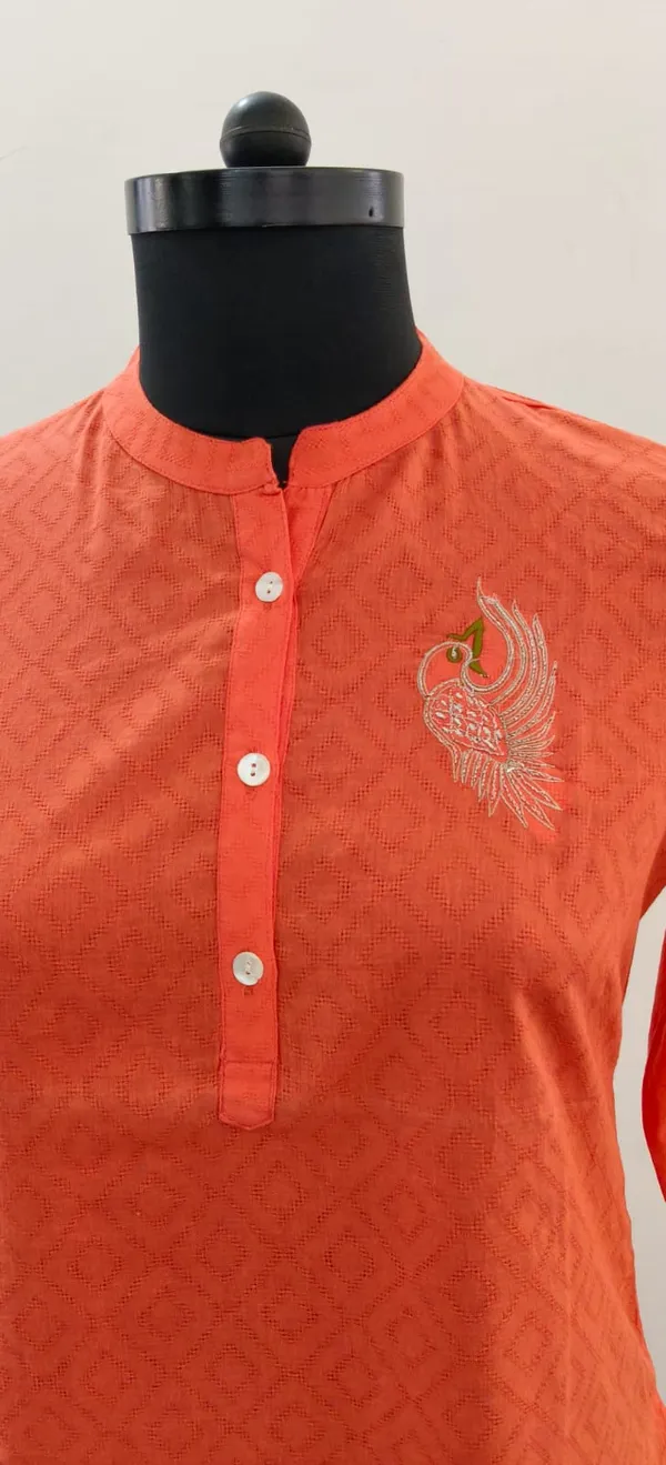 Coral_Orange_Pure_Cotton_Self_Weave_Dobby_Fabric_Premium_Tunic_Top_For_Women