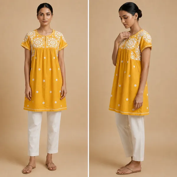 Mustard_Golden_Fine_Viscose_Premium_Embroidery_Tunic_Top_/_Dress__For_Women