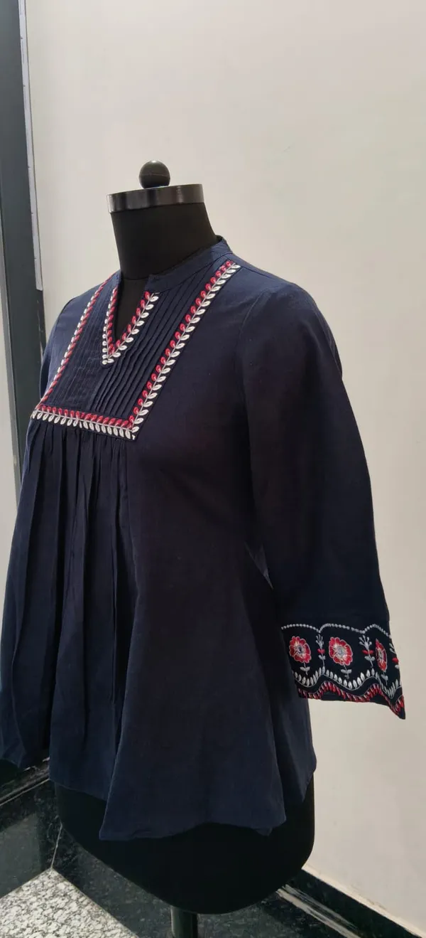 Navy_Fine_Cotton_Flax_Premium_Top_For_Women