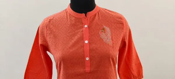 Coral_Orange_Pure_Cotton_Self_Weave_Dobby_Fabric_Premium_Tunic_Top_For_Women