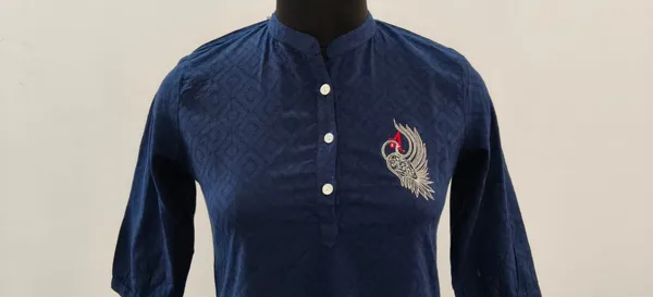Navy_Blue_Pure_Cotton_Self_Weave_Dobby_Fabric_Premium_Tunic_Top_For_Women