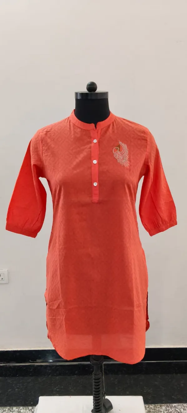 Coral_Orange_Pure_Cotton_Self_Weave_Dobby_Fabric_Premium_Tunic_Top_For_Women