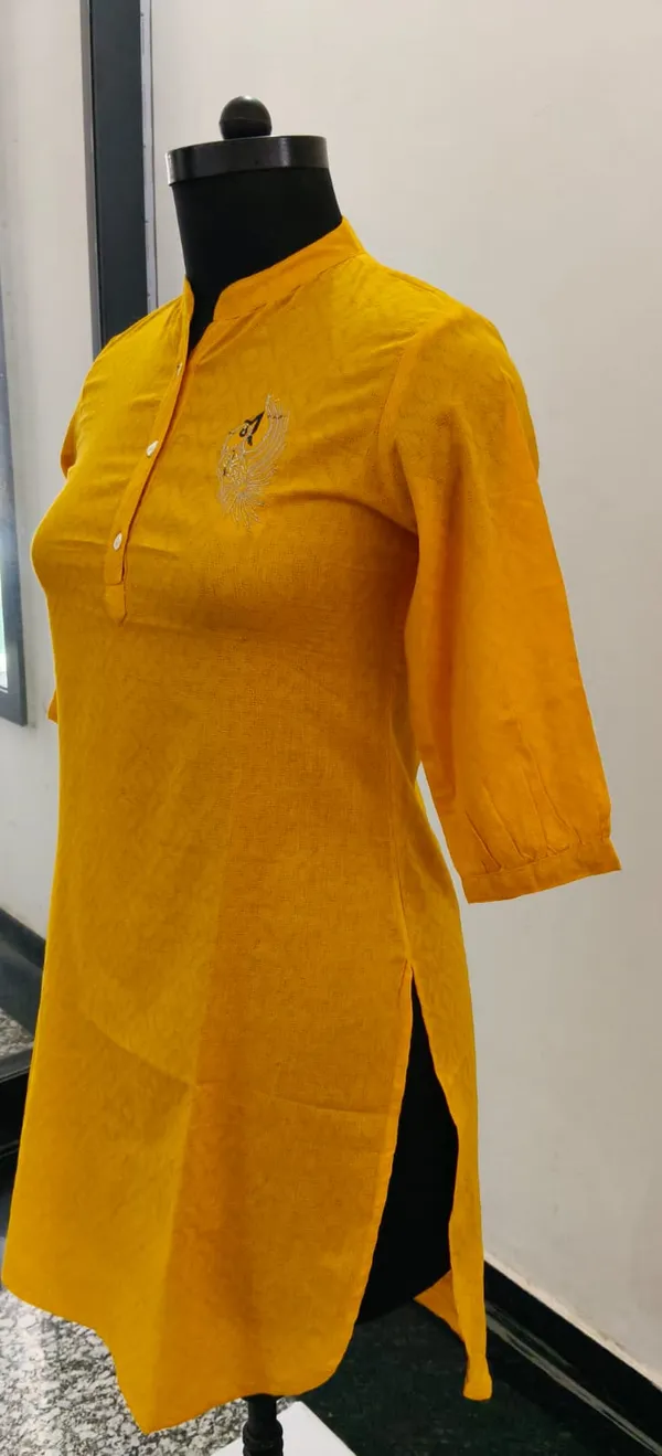 Mustard_Yellow_Pure_Cotton_Self_Weave_Dobby_Fabric_Premium_Tunic_Top_For_Women