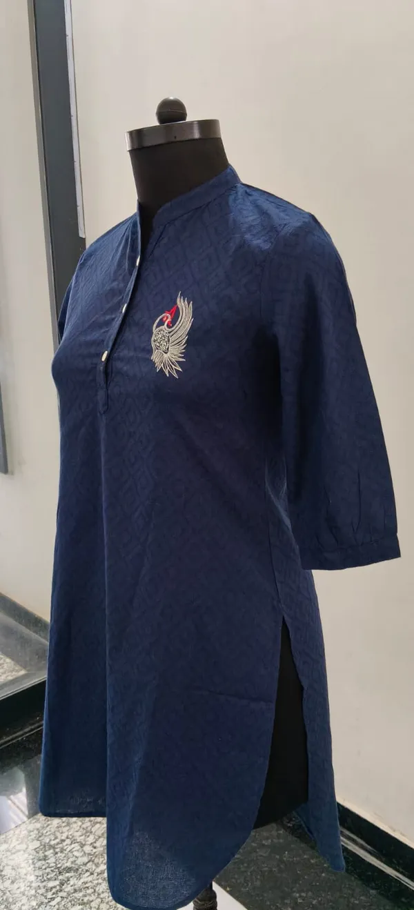 Navy_Blue_Pure_Cotton_Self_Weave_Dobby_Fabric_Premium_Tunic_Top_For_Women