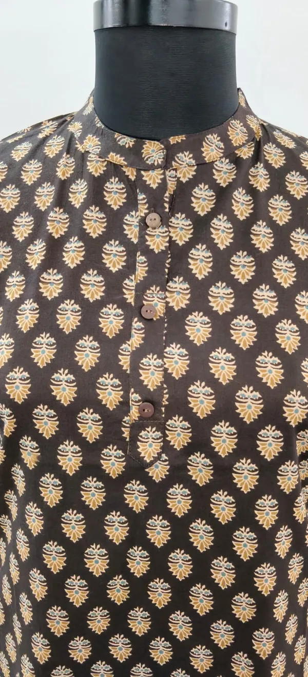 Dark_Brown_Printed_Pure_Cotton_Premium_Short_Top_For_Women