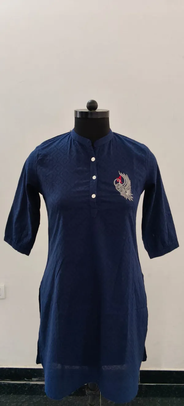 Navy_Blue_Pure_Cotton_Self_Weave_Dobby_Fabric_Premium_Tunic_Top_For_Women