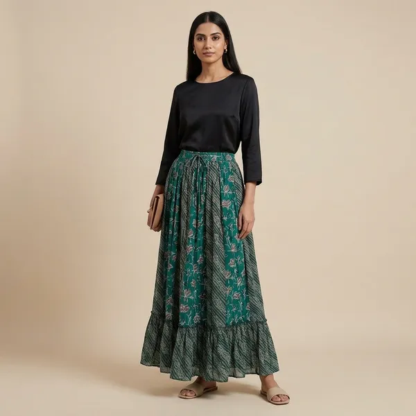Green_Floral_Printed_Cambric_Cotton_Skirt_For_Women