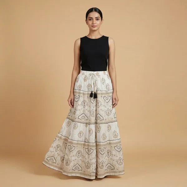Off_White_With_Black_Print_Fine_Viscose_Lurex_Crinkle_Premium_Skirt_For_Women